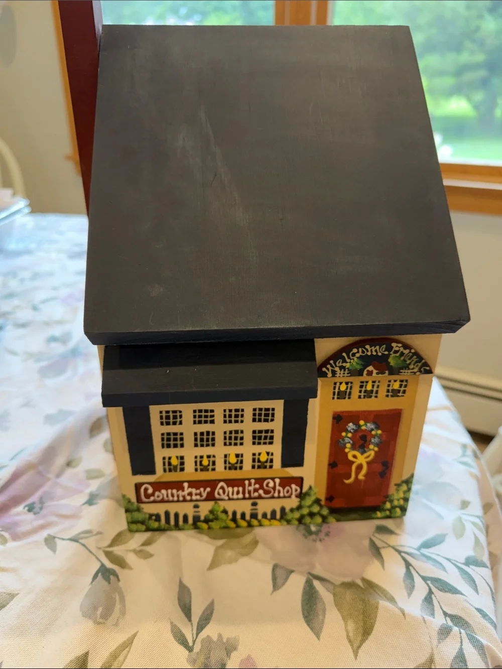 Hand-Painted Country Quilt Shop wooden box/ mailbox- Navy & Cream